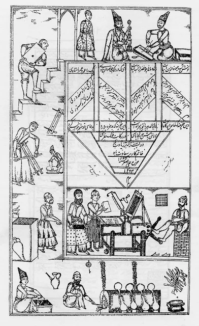 صفحة الختام من «خمسة» نظامي المطبوعة طباعةً حجرية، وفي حواشيها مراحل الطباعة الحجرية