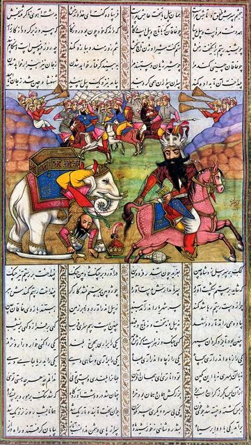 صفحة من «الشاهنامه» نفسها: رستم يجذب خاقان الصين عن سرجه؛ النص بخط داوري والتصويرة بتوقيع لطف علي