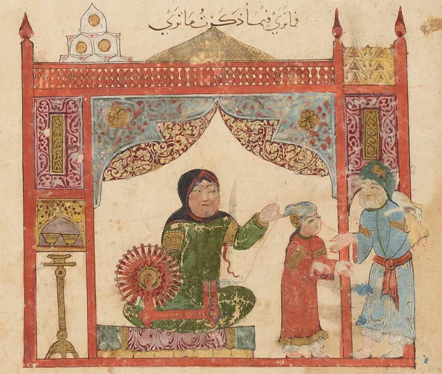 صفحة من مقامات الحريري التي نسخها ورسمها: أبو زيد وابنه وامرأة تغزل على دولاب، وفوق المشهد سطر بخطه النسخي